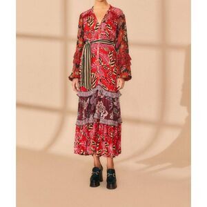 Farm Rio Women's Mixed Floral Prints Long Sleeve Maxi Red Dress Size XS